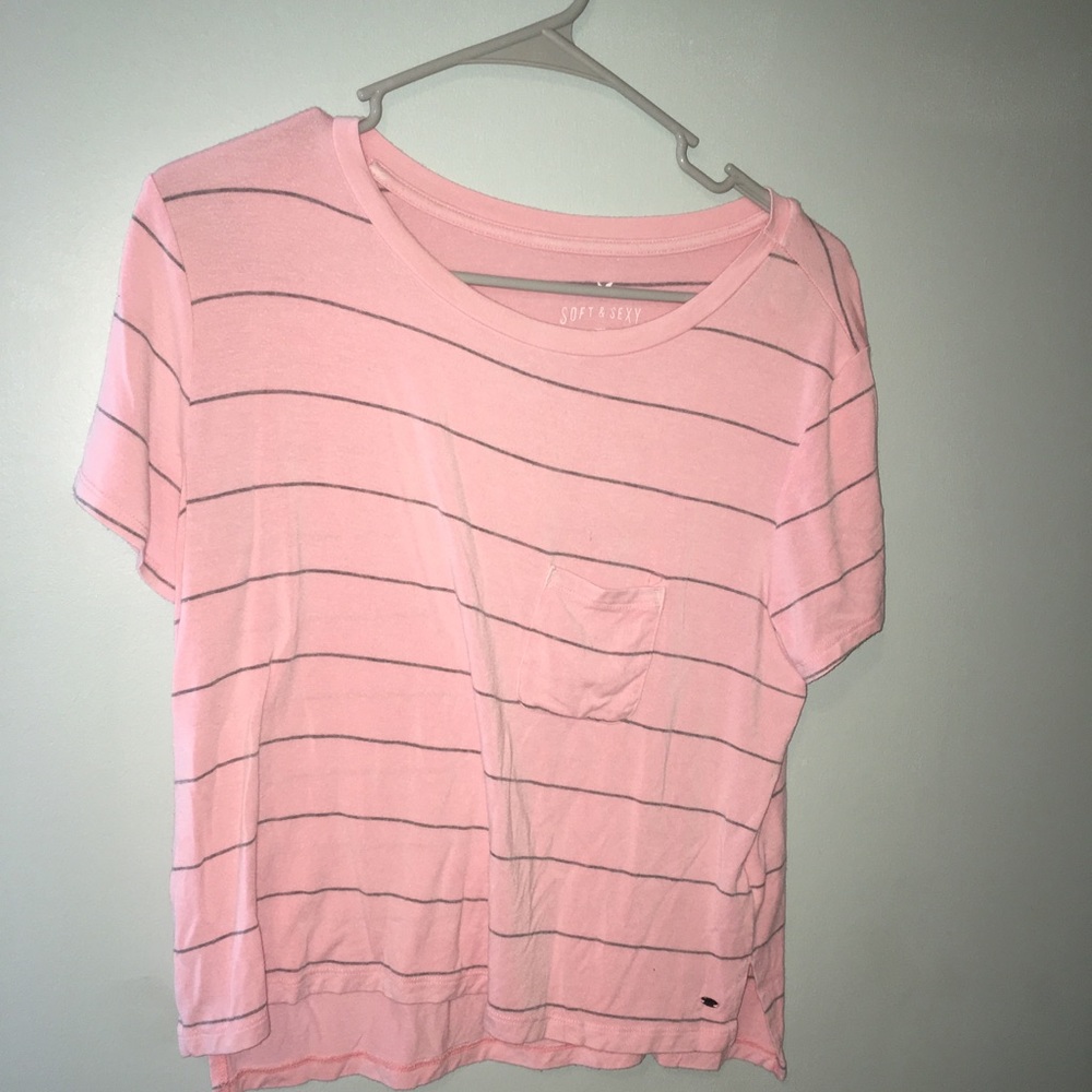 A pink and grey striped tee